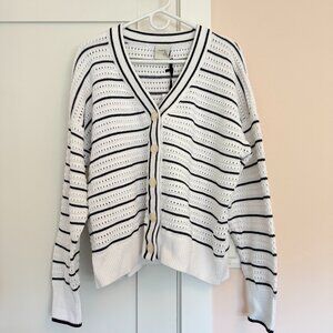 NWT Varley V-Neck Antonia Relaxed Cardigan White Navy Striped Size L 100% Cotton